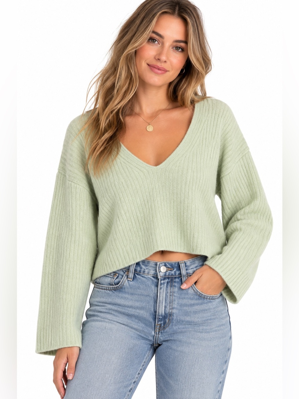 Free People Green Cashmere Elias V Neck Cropped Sweater XL